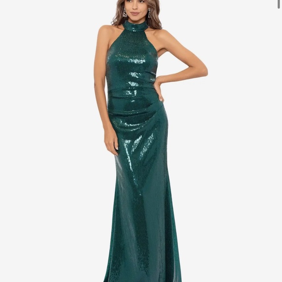 Green formal sequin long halter neck dress. Betsy and Adam